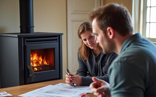 Kund och tekniker diskuterar kaminlösning